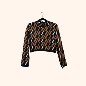 Black Brown & White Knit Mock Neck Cropped Sweater